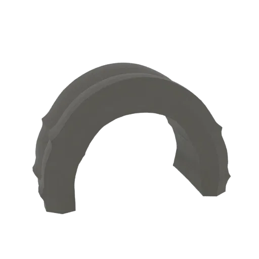 3D-Modell eines gotischen Torbogens mit spitzen Kurven und verwitterter Steinstruktur, vor weißem Hintergrund.