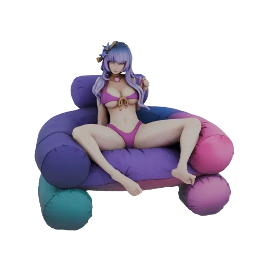3D model of an anime girl with purple hair, wearing a purple bikini, sitting on a large, multi-colored plush chair.