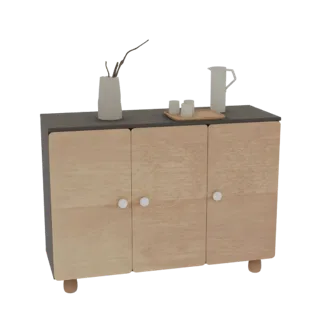 Modern Wooden Sideboard with White Knobs and Decorative Vases
