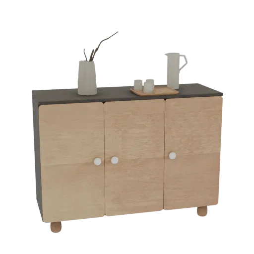 A 3D render of a modern light wood sideboard with a dark gray top, featuring three cabinet doors with white knobs and decorat