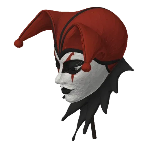 3D model of a jester mask with a red and black harlequin hat, white face paint, and black ruffled collar.