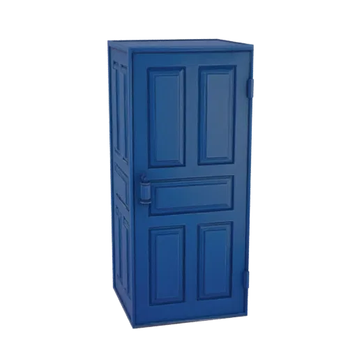 A 3D render of a classic blue paneled door with a visible handle and hinges, set against a white background.