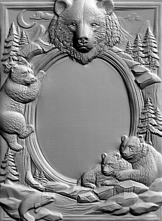 3D model of a bas-relief depicting a bear family, cub, and salmon by a river against a forest and moon background