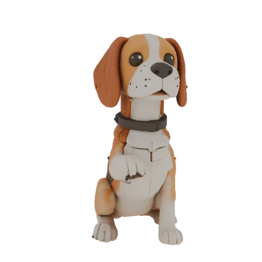 Modelo 3D de beagle estilo Pixar, sentado nas patas traseiras, com expressão facial amigável.
