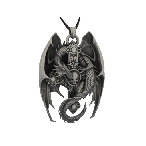 3D model of a gothic dragon coiled around a skull and cross pendant, rendered with a metallic silver finish.