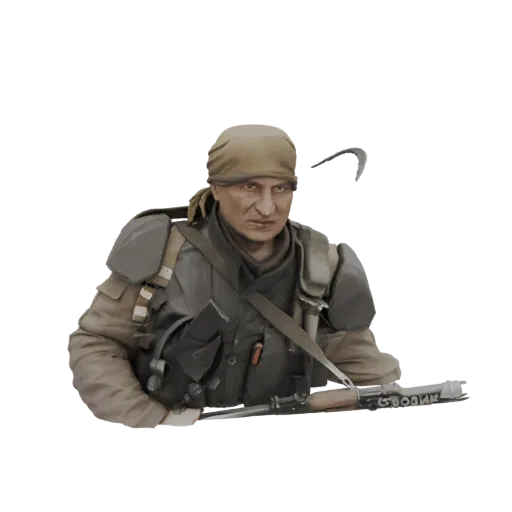 3D-Modell eines postapokalyptischen Soldaten mit Bandana und taktischer Ausrüstung, der ein Gewehr hält.