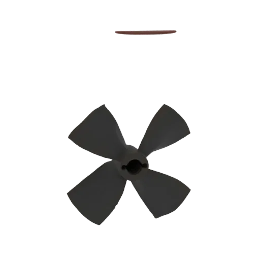 Renderização 3D de uma hélice de quatro pás cinza escuro com cubo central, contra um fundo branco.