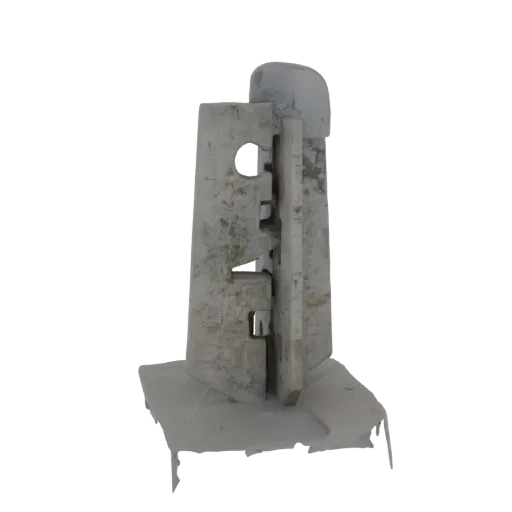 3D render of an abstract brutalist sculpture with rough concrete texture, featuring geometric shapes and interlocking planes.