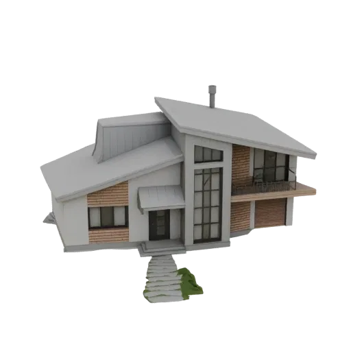 Modello 3D di una casa geometrica moderna con angoli acuti, ampie finestre e accenti in legno, su sfondo bianco.