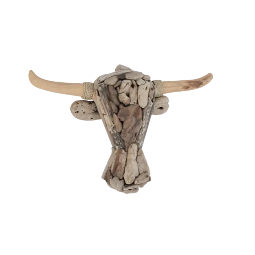 3D model of a bull's head sculpture made from driftwood and stones, with wooden horns, against a black background.