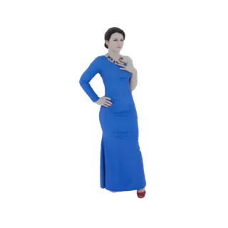 3D model of a woman wearing a blue one-shoulder gown and jewelry, posed elegantly.