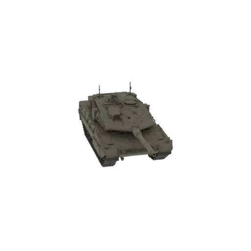 A detailed 3D model of a modern battle tank, viewed from a slightly elevated angle, showcasing its turret and tracks.