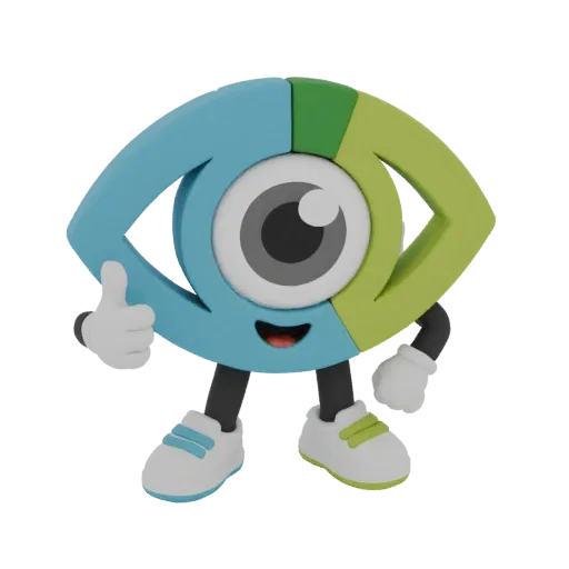 A 3D render of a cartoon eye mascot with blue and green segments, giving a thumbs up and smiling.