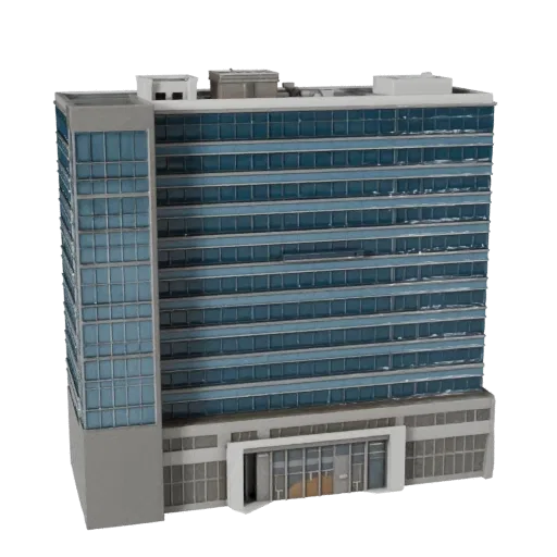Modelo 3D baixo poli de Prédio de Escritório de Vidro, vista exterior pronta para jogos, mostrando materiais de prédio de esc