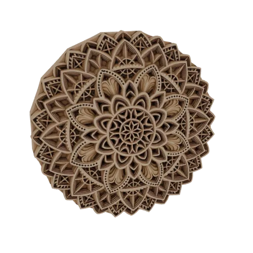 3D model of a circular, layered mandala wall art with intricate geometric patterns in a natural wood finish.