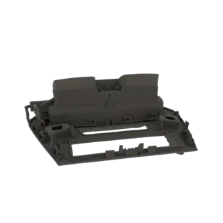 Render de modelo 3D de un marco de revestimiento de consola central de automóvil gris con intrincados puntos de montaje y rec