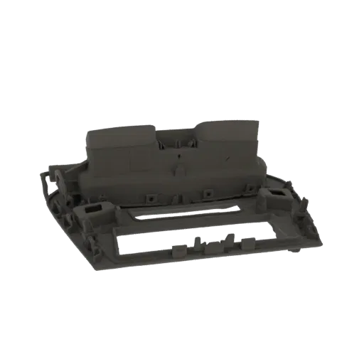Render de modelo 3D de un marco de revestimiento de consola central de automóvil gris con intrincados puntos de montaje y rec