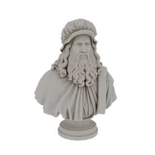 3D-Modell einer klassischen Skulpturbüste von Leonardo da Vinci mit langem Bart und Kappe.