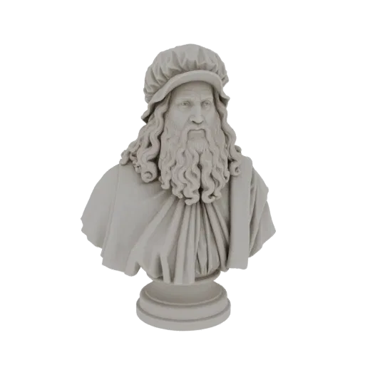 3D model of a classical sculpture bust of Leonardo da Vinci, featuring his long beard and cap.