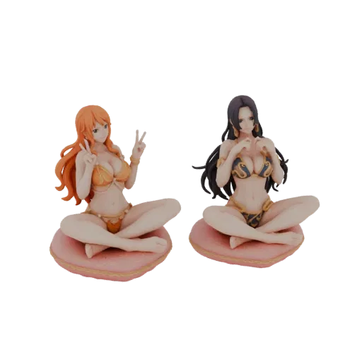 3D model of Nami and Boa Hancock figures in bikinis, sitting on pink cushions, with Nami making a peace sign and Boa Hancock
