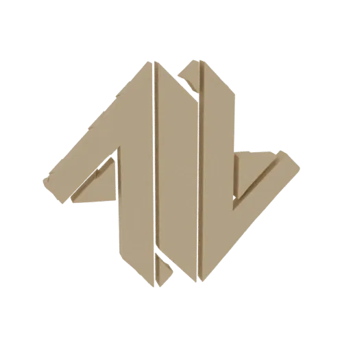 Un render 3D de un logo abstracto geométrico en color beige, con ángulos agudos y formas entrelazadas sobre un fondo blanco.