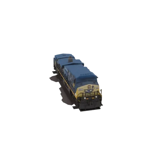 3D model of a blue and yellow freight train locomotive, viewed from a slightly elevated angle.