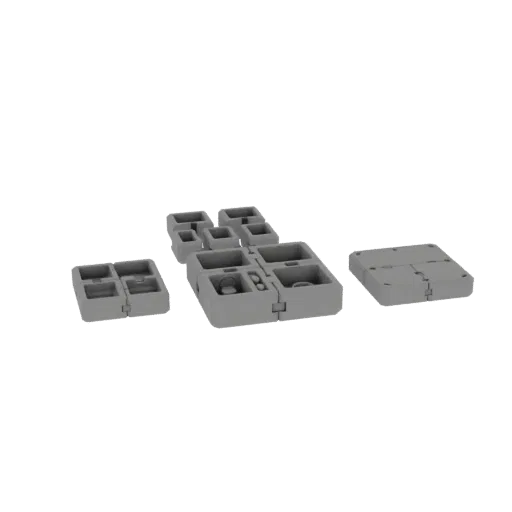 A 3D render of several gray modular storage containers with lids, arranged in a cluster on a white background.