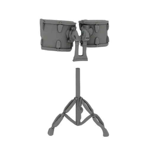 Modelo 3D de uma mini bateria cinza com dois tambores e um suporte dobrável, apresentado sobre um fundo branco.