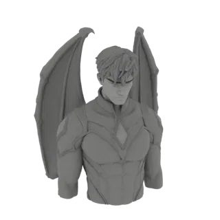 Render 3D de un busto de guerrero gárgola gris con alas grandes y detalladas, con expresión severa y armadura esculpida.
