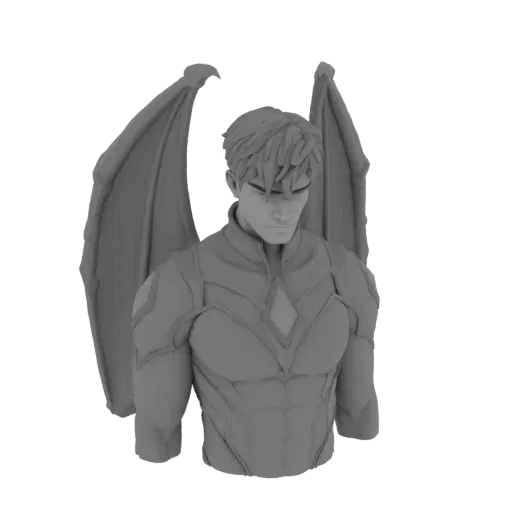 3D render of a grey gargoyle warrior bust with large, detailed wings, featuring a stern expression and sculpted armor.