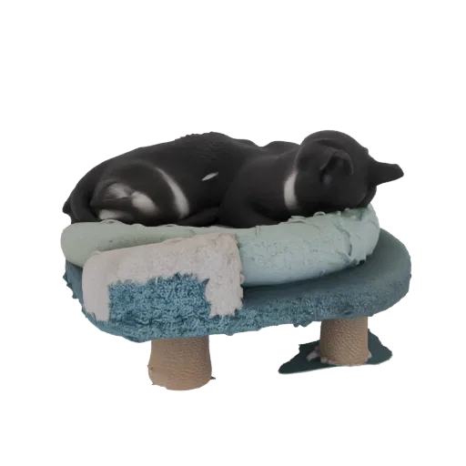 3D model of a black and white cat sleeping soundly on a blue and teal textured cat tree with rope-wrapped posts.