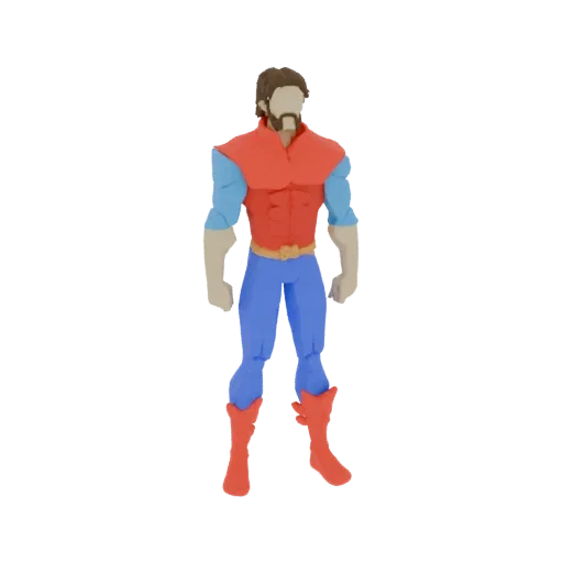 3D model of a retro superhero action figure with a red vest, blue sleeves and pants, and red boots, standing against a white