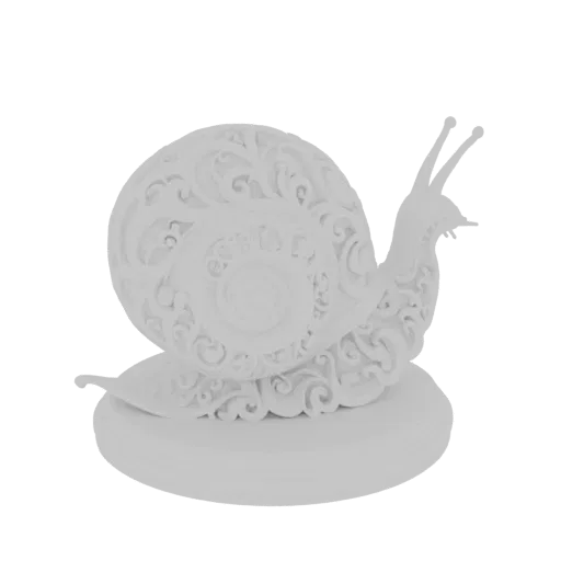 A white 3D model of a snail with intricate filigree patterns on its shell, resting on a circular base, against a black backgr