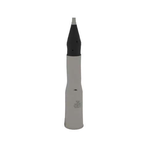 3D render of a 115mm OF-11 artillery shell with a grey casing and black projectile tip.
