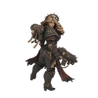 Modelo 3D de Irmã de Batalha de Warhammer em armadura de combate, segurando um bolter, com cabelo e vestes esvoaçantes.