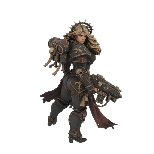 3D model of a Warhammer Sister of Battle in power armor, holding a bolter, with flowing hair and robes.