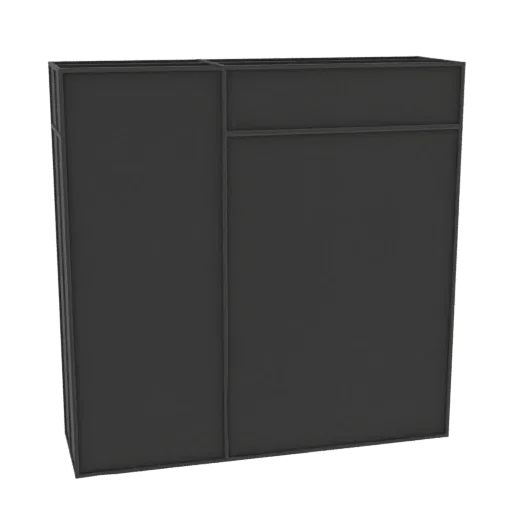 A 3D render of a modern, dark-framed cabinet with lighter panels, presented against a white background.