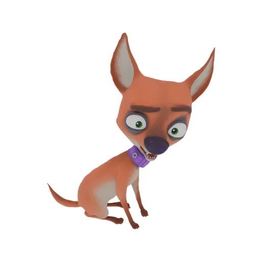 Modello 3D di un chihuahua cartone animato seduto con grandi occhi verdi e un collare viola, renderizzato su sfondo bianco.