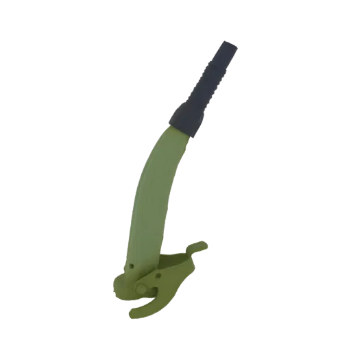 Modèle 3D d'un bec de bidon d'essence vert avec une buse flexible noire et une pince métallique à la base.