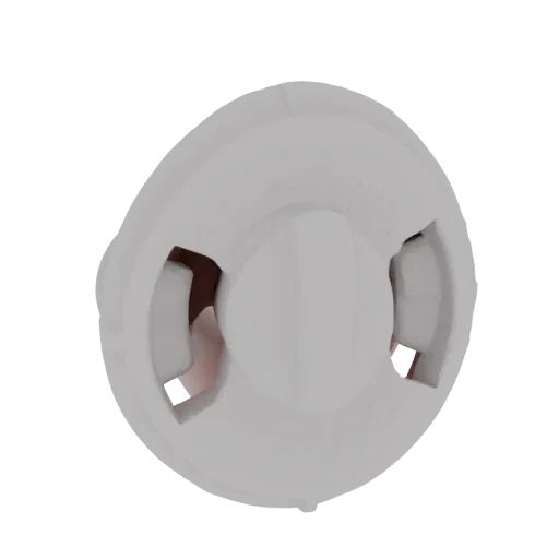 3D render of a white circular button with a visible internal mechanism, presented against a black background.