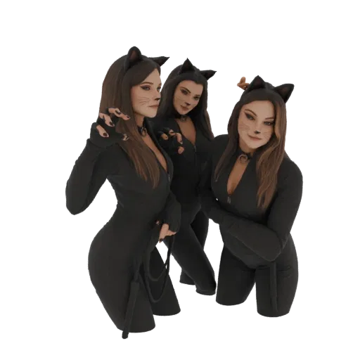 Modèle 3D de trois femmes en costumes de chat noirs, posant ensemble avec des oreilles de chat et du maquillage.