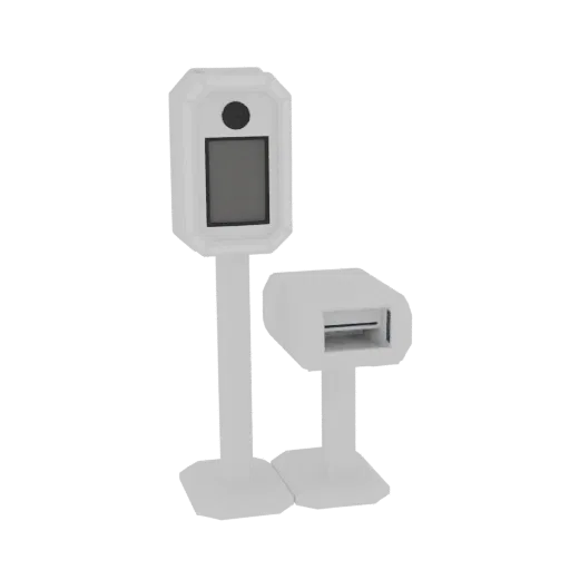 A 3D render of a white photo booth with a screen and a separate white ticket dispenser stand against a white background.