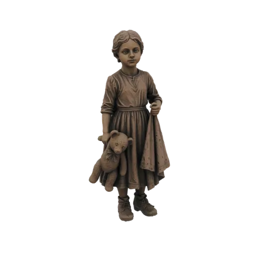 3D model of a bronze statue of a young girl holding a teddy bear and a cloth, rendered with realistic bronze texture.