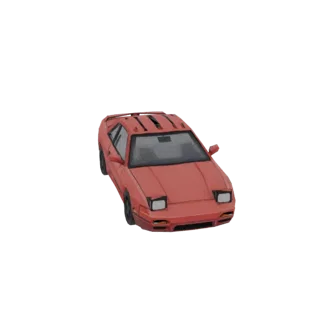 A 3D render of a retro red sports car with pop-up headlights and a rear spoiler, viewed from a three-quarter front angle agai