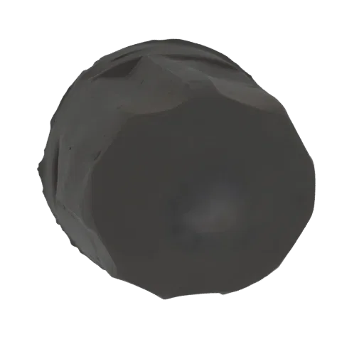 A 3D render of a dark gray, irregularly shaped rough stone with a matte finish, isolated on a white background.