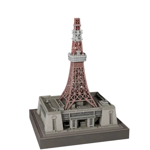 Modelo 3D realista da Torre de Tóquio, vista exterior em três quartos, mostrando materiais da estrutura do marco histórico e