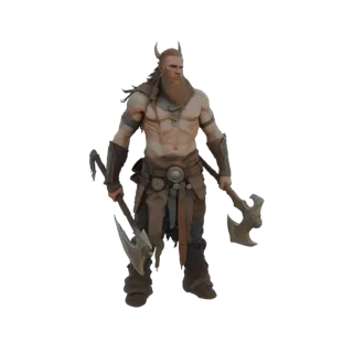 Um modelo 3D detalhado de um guerreiro viking musculoso com barba longa, cabelos trançados e duas machadinhas de batalha, em