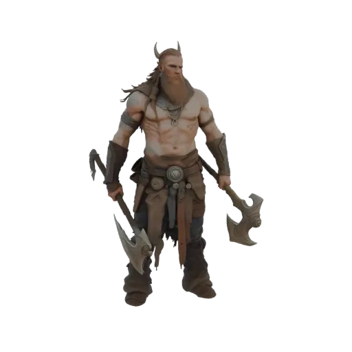 A detailed 3D model of a muscular Viking warrior with a long beard, braided hair, and two battle axes, standing in a powerful
