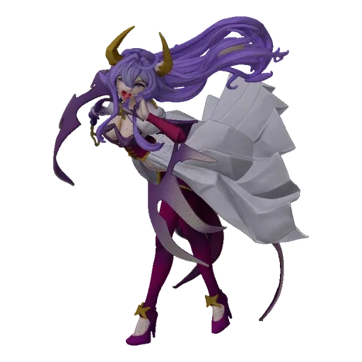 3D model of a gothic sorceress with purple hair, golden horns, and a detailed dark fantasy outfit, posed dynamically against a black background.