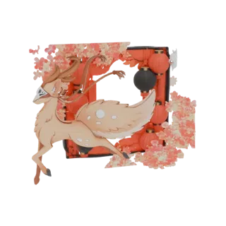 Mythical Deer with Cherry Blossoms and Lanterns 3D Model